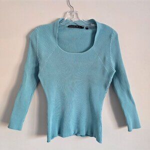 LAFAYETTE 148 | Silk Sweater Top Ribbed Square Neck Blue Sz LARGE